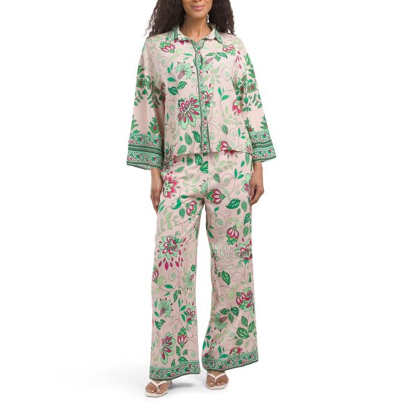 CELINA MOON BEIGE FLORAL 2pc Printed Button Down Top And Pants Set